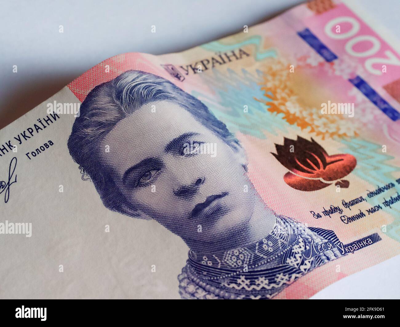 Banknote of 200 hryvnia, close-up. Portrait of poetess Lesya Ukrainka. Stock Photo