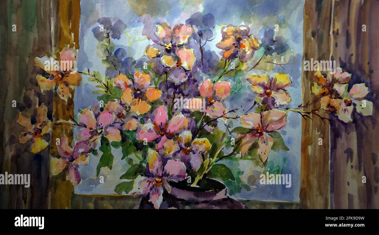 watercolor painting art class , Flowers Stock Photo Alamy