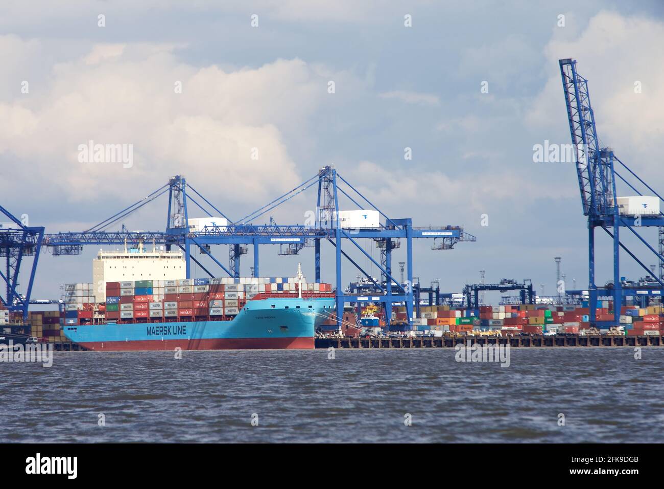 Container Ship Vaga Maersk Docked At The Port Of Felixstowe, Suffolk 