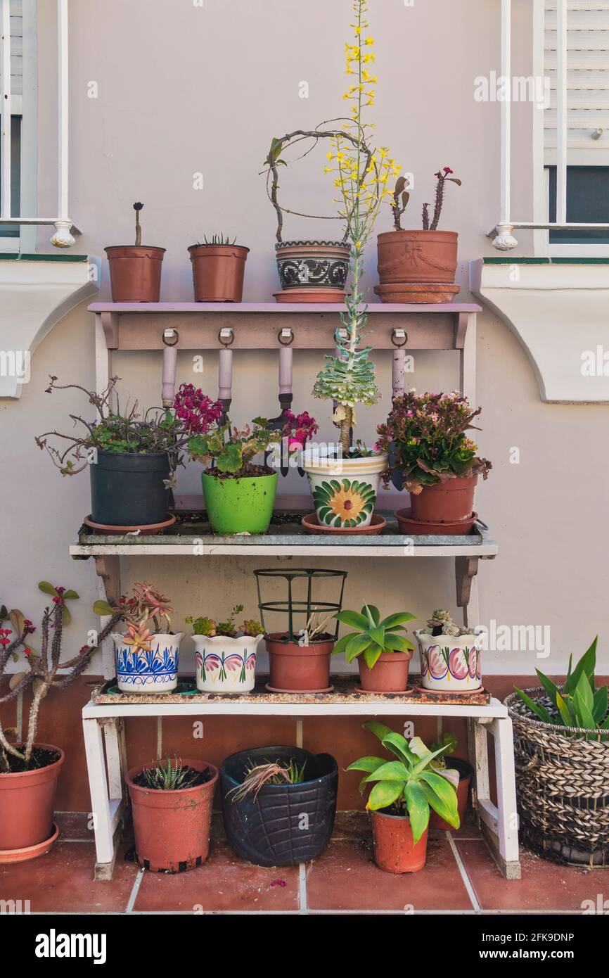 Home decor. Garden furniture with pots with flowers and plants Stock