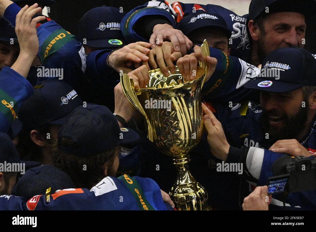 Kladno, Czech Republic. 29th Apr, 2021. Famous former NHL player Czech  Jaromir Jagr owner and player of Rytiri Kladno (Knights of Kladno) and all  Team celebrate after winning 1st Czech Republic Hockey