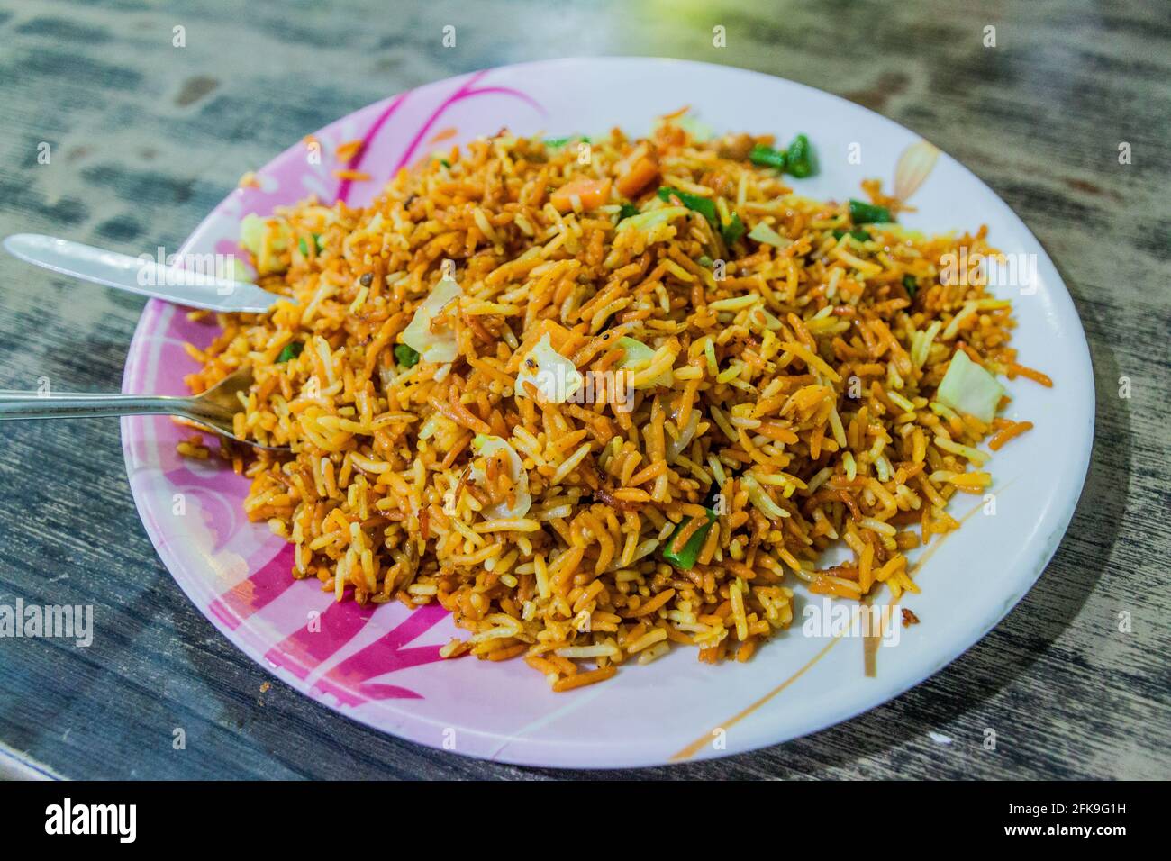 Vegetable Biryani in a simple restaurant in India Stock Photo