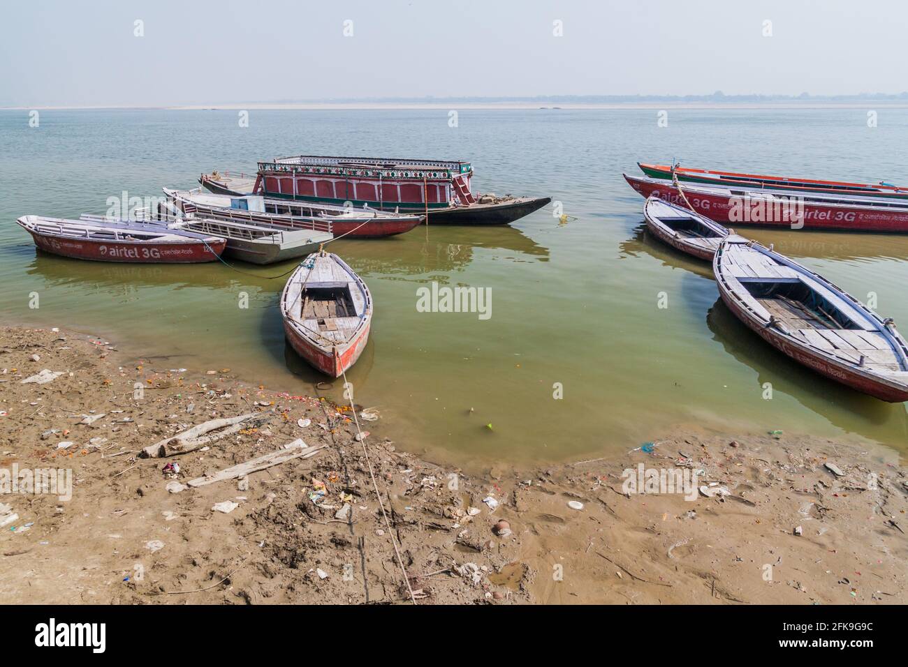 VARANASI, INDIA - OCTOBER 25, 2016: Small boats in River Ganges in Varanasi, India Stock Photo