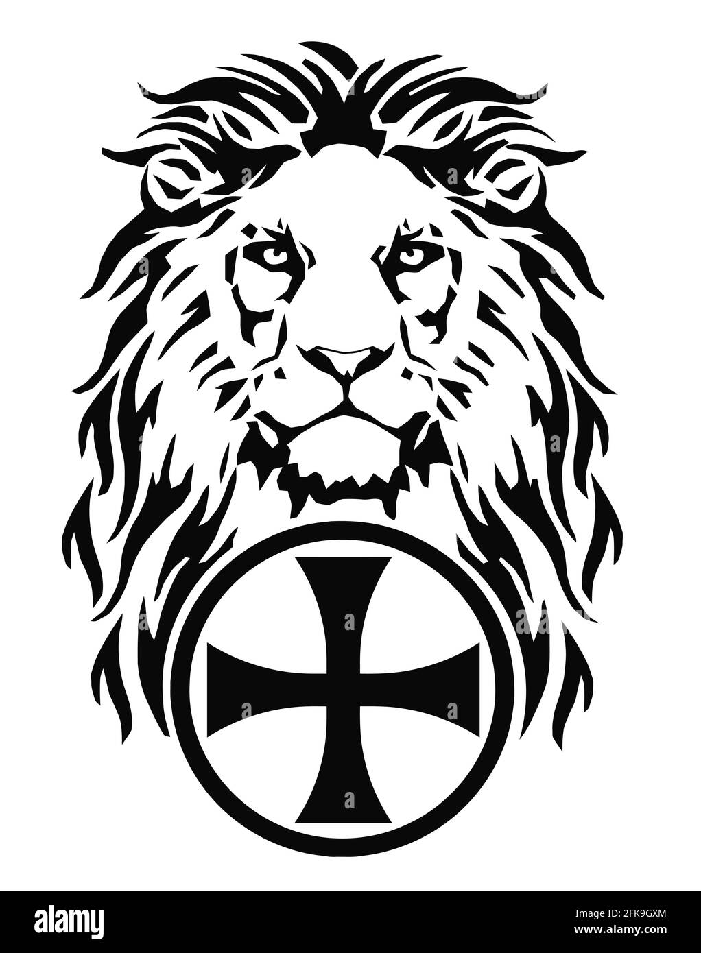 The Lion's head and the symbol of Christianity - the catholic cross, drawing for tattoo, on a white background, illustration, black and white Stock Photo