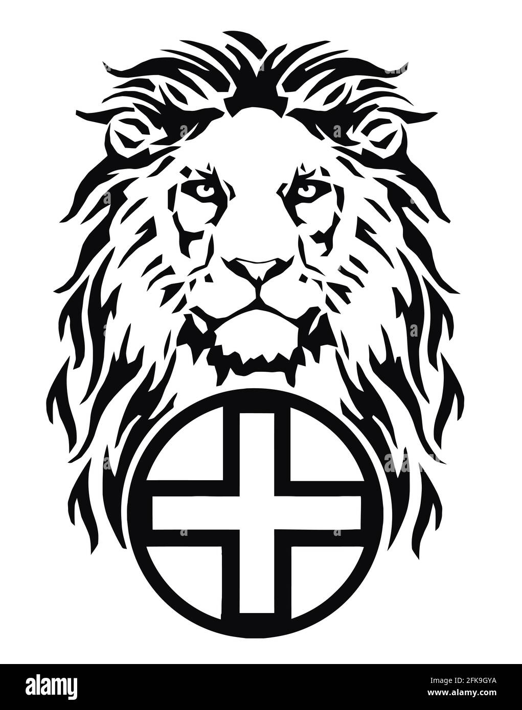 The Lion's head and the symbol of Christianity - the catholic cross, drawing for tattoo, on a white background, illustration, black and white Stock Photo