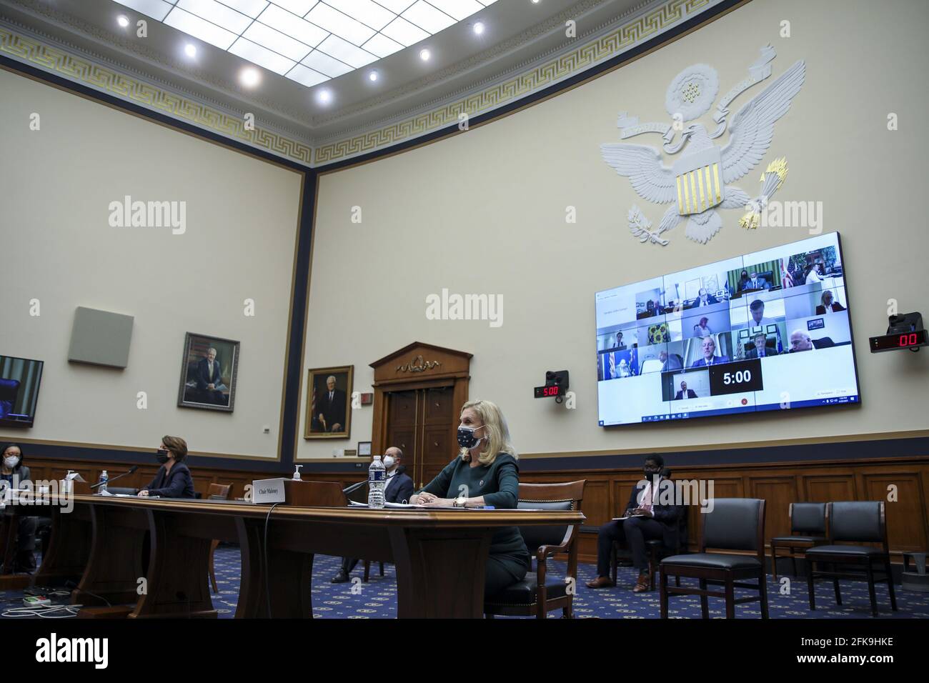 Washington, United States. 29th Apr, 2021. Sen. Amy Klobuchar, D-MN and Chairwoman Carolyn Maloney, D-N.Y., at the hearing at the U.S. Capitol in Washington, DC on Thursday April 29 2021. House Judiciary Antitrust Commercial and Administrative Law Subcommittee holds a hearing addressing the anticompetitive conduct in health care markets. Photo by Tasos Katopodis/UPI Credit: UPI/Alamy Live News Stock Photo