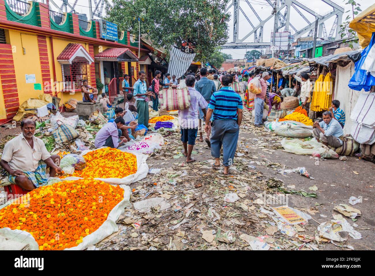 KOLKATA, INDIA - OCTOBER 31, 2016: View of Mullik Ghat Flower Market in Kolkata, India Stock Photo