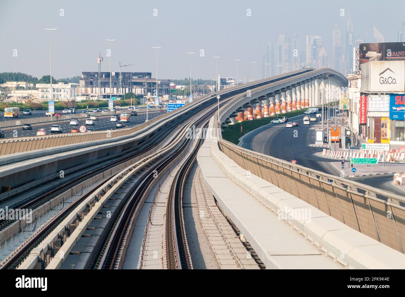 DUBAI, UAE - OCTOBER 21, 2016: Tracks of an elevated stretch of Dubai metro, United Arab Emirates Stock Photo