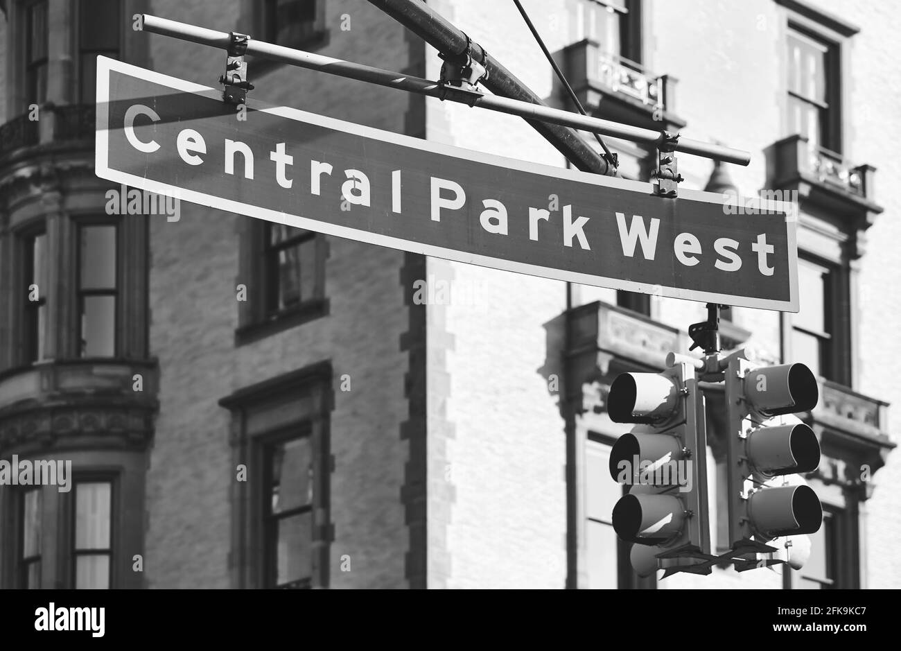 Black and white picture of Central Park West street sign, selective focus, New York City, USA. Stock Photo