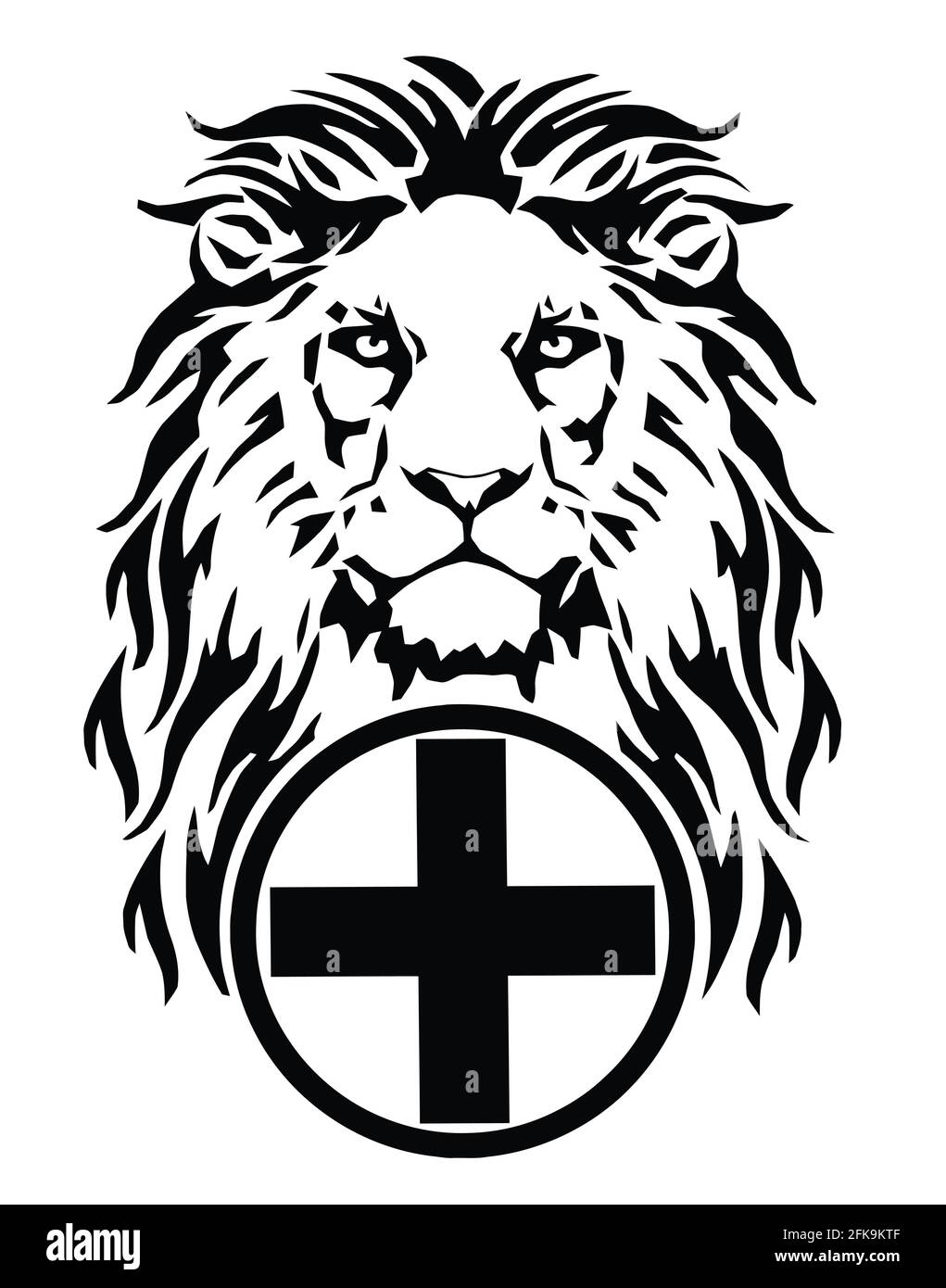 The Lion's head and the symbol of Christianity - the catholic cross, drawing for tattoo, on a white background, illustration, black and white, vector Stock Vector