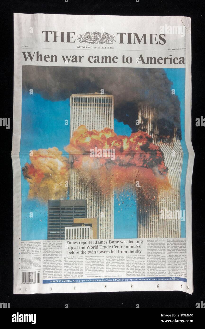 Front page of The Times newspaper (UK) following the terrorist attacks on the United States on 11th September 2001. Stock Photo