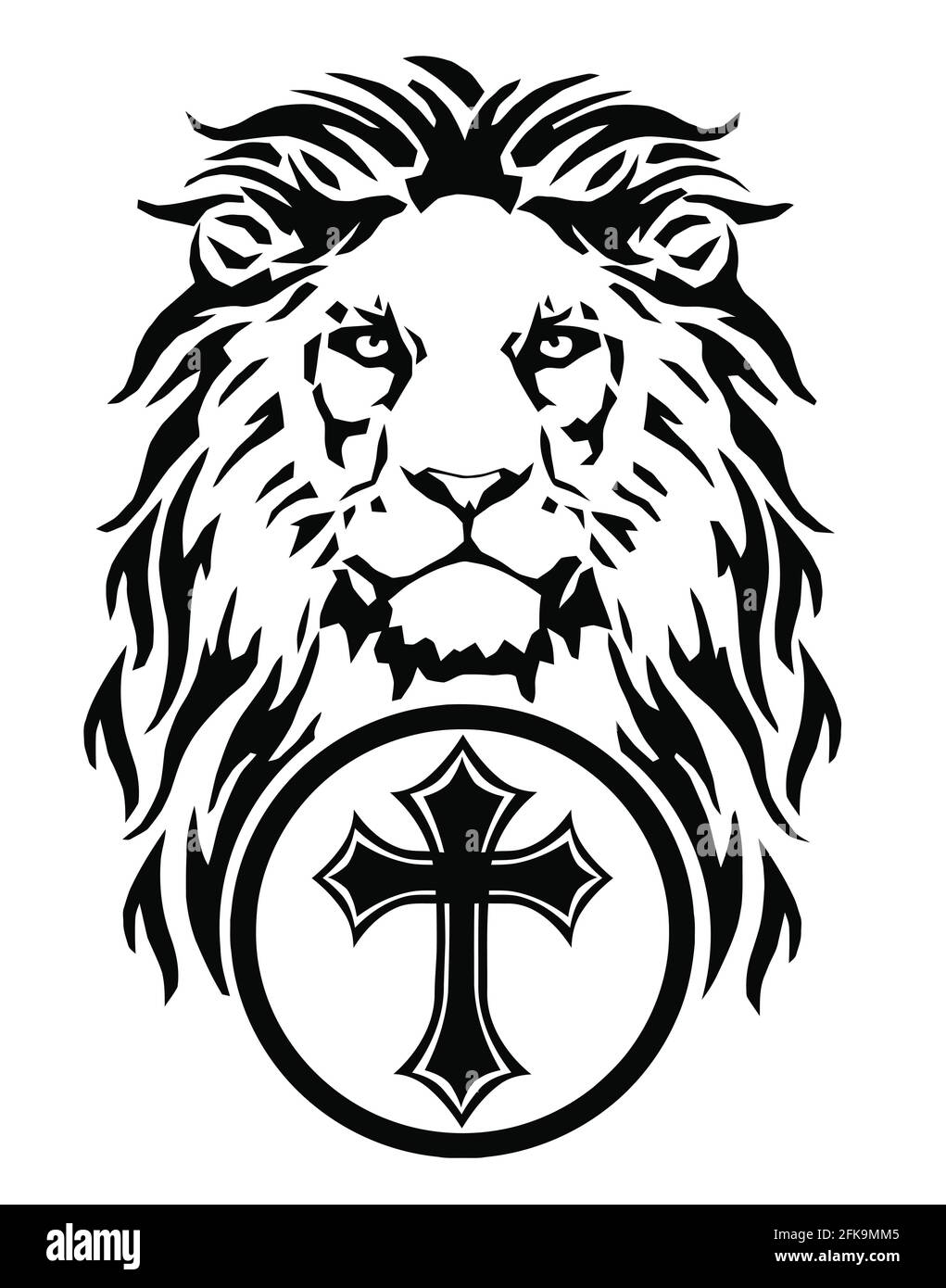 The Lion's head and the symbol of Christianity - the catholic cross, drawing for tattoo, on a white background, illustration, black and white, vector Stock Vector