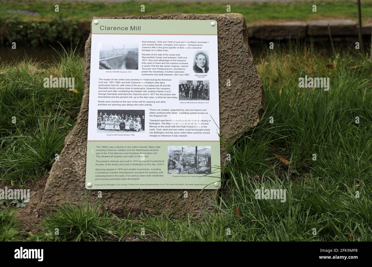 Clarence Mill information board at Bollington in Cheshire Stock Photo