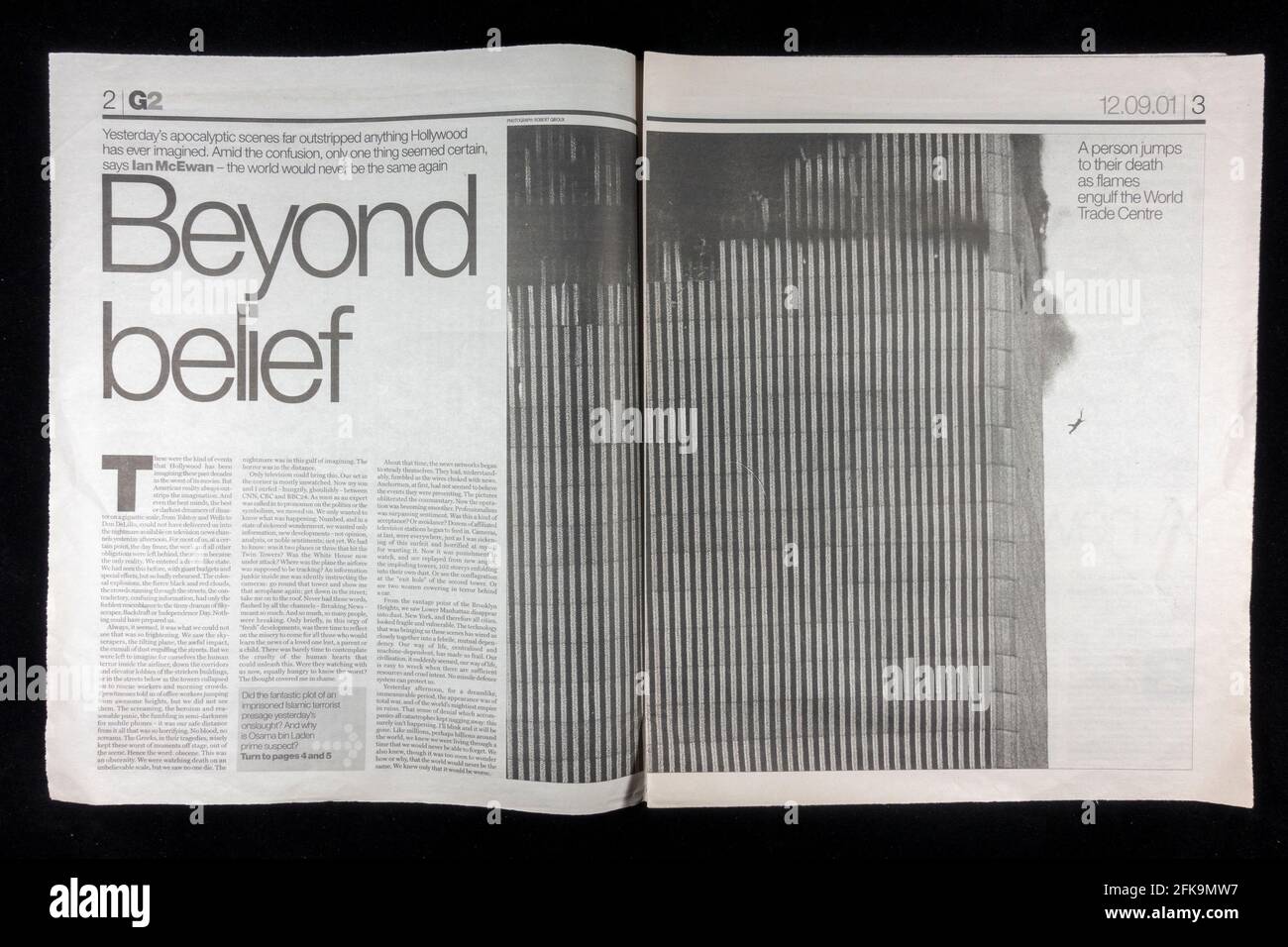 'Beyond belief' article in The Guardian (UK) G2 section focusing on people that fell from WTC during the terrorist attacks on the US on 11th Sept 2001 Stock Photo