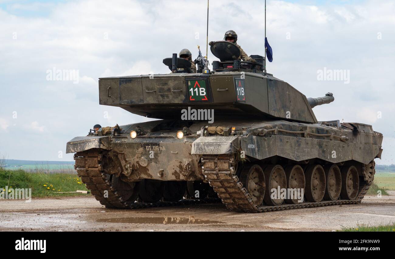 close up of a british army challenger 2 main battle tank on exercise on Salisbury Plain military training area, Wiltshire UK Stock Photo