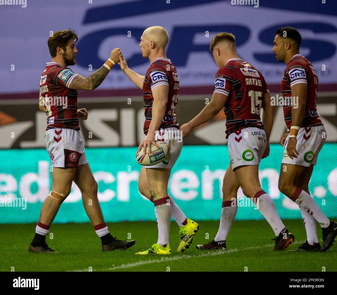 DW Stadium, Wigan, Lancashire, UK. 29th Apr, 2021. BetFred Super League Rugby, Wigan Warriors versus Hull FC; Liam Farrell of Wigan Warriors is congratulated after scoring Wigan's second try to make the score 10-8 Credit: Action Plus Sports/Alamy Live News Stock Photo