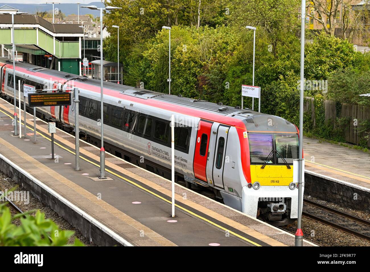 Bridgend, Wales - April 2021: Train operated by Transport for Wales at one of the platforms at Bridgend railway station. Stock Photo