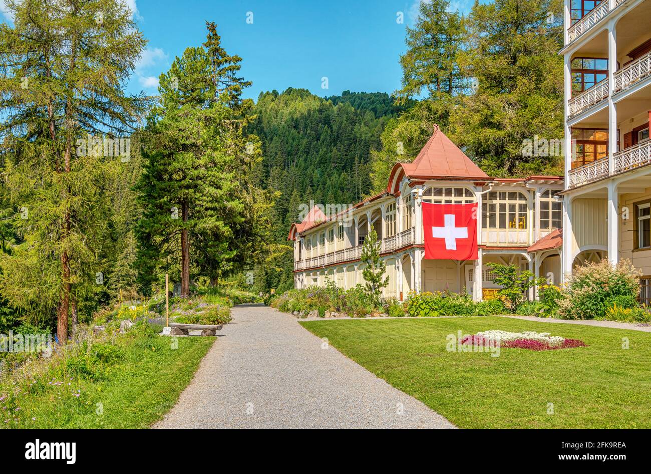 Garden of the Mountain Hotel Schatzalp Davos in summer, Graubünden, Switzerland Stock Photo