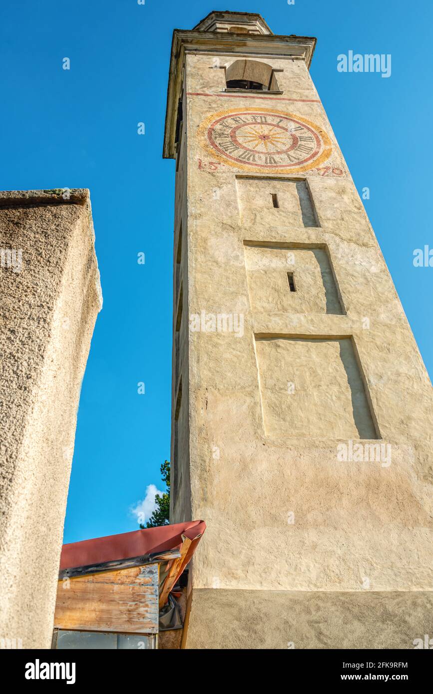The leaning tower of St.Moritz, a landmark from the 12th century and part of the 1'893 demolished St.Mauritius church, Grisons, Switzerland Stock Photo
