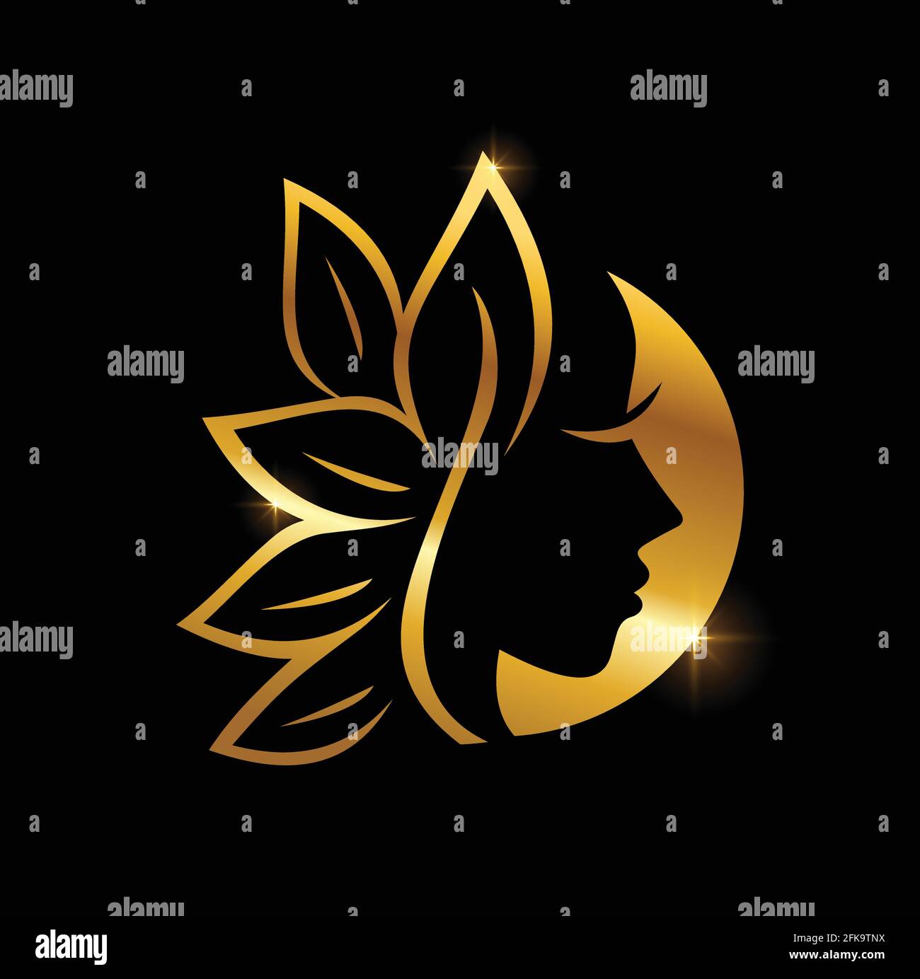 A Vector Illustration of Golden Beauty and Leaf Logo Sign in black backgound with Gold Shine Effect Stock Vector