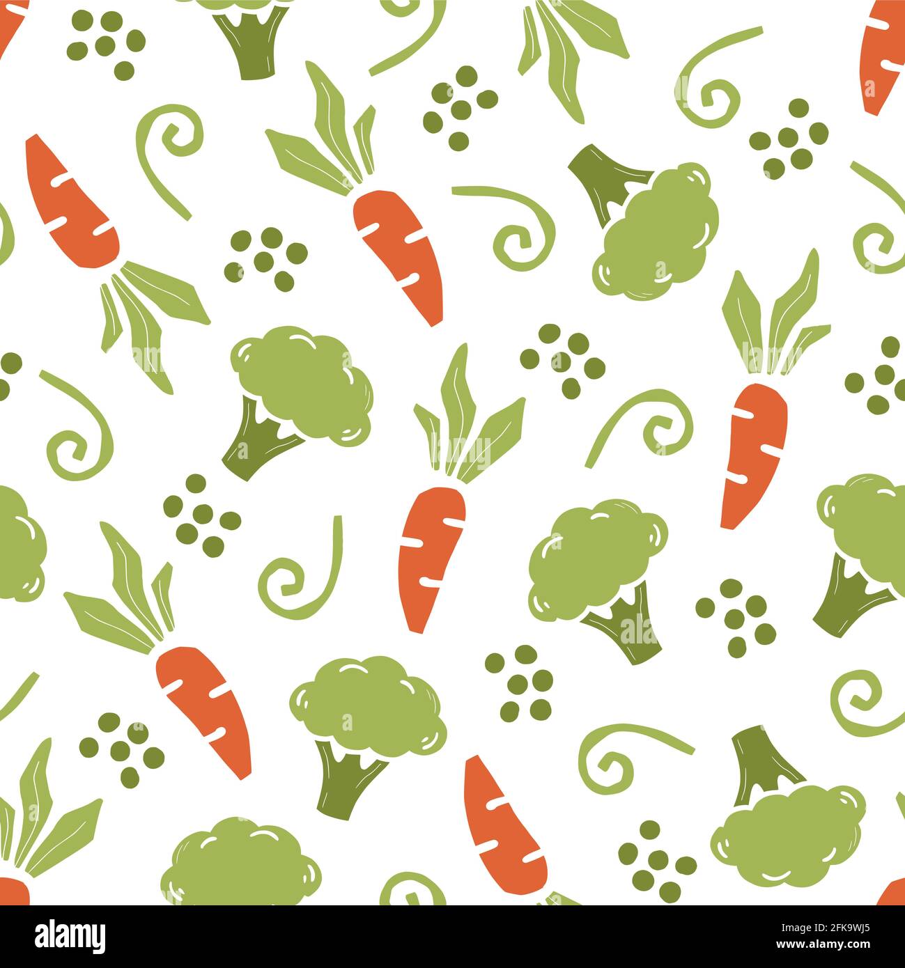 Hand drawn seamless pattern of simple broccoli, carrot. Doodle sketch style. Vegetable pattern for food shop, vegetable wallpaper, background, textile design. Stock Vector