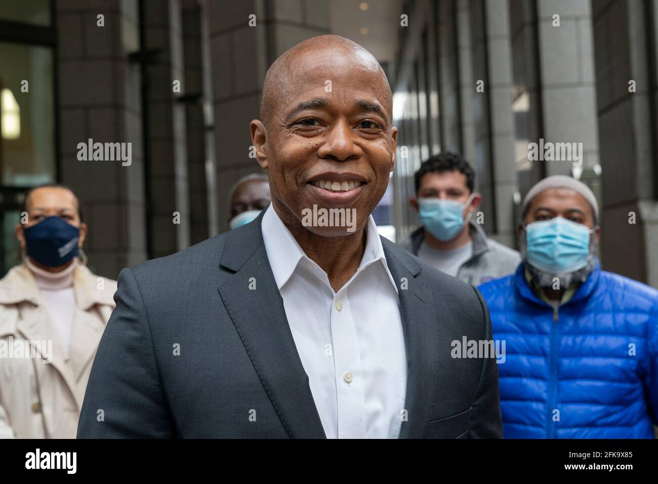 New York, United States. 29th Apr, 2021. Press conference by mayoral  candidate and Brooklyn Borough President Eric Adams in Lower Manhattan in  New York on April 29, 2021. Eric Adams proposed how