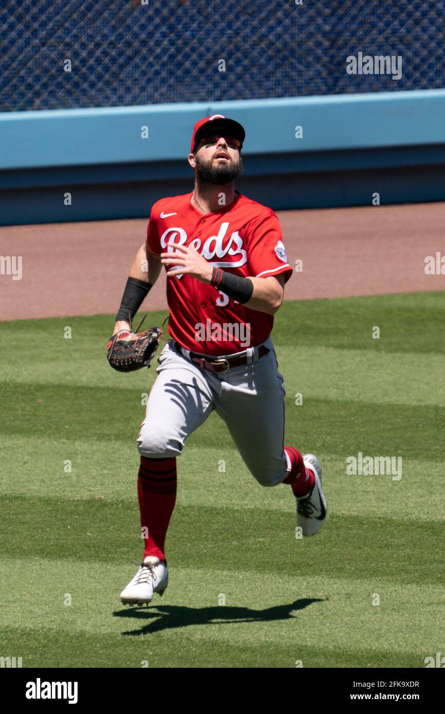 Cincinnati Reds right fielder Jesse Winker (33) runs for a fly ball during  a MLB game against the Los Angeles Dodgers, Wednesday, April 28, 2021, in L  Stock Photo - Alamy