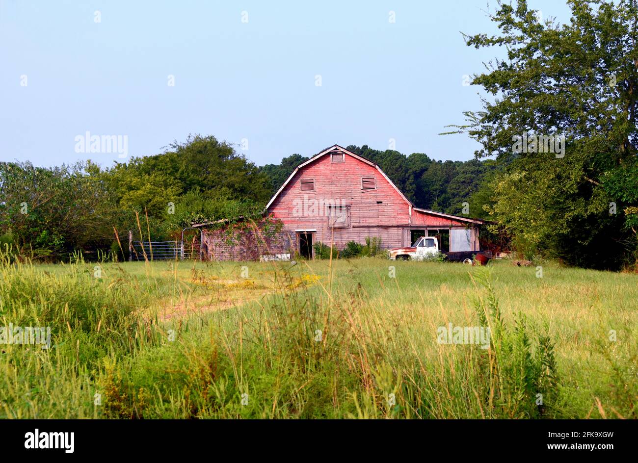Morning greets an Arkansas farm with red, weathered, wooden barn.  Rusting truck sits besides barn.  Door is open on barn. Stock Photo