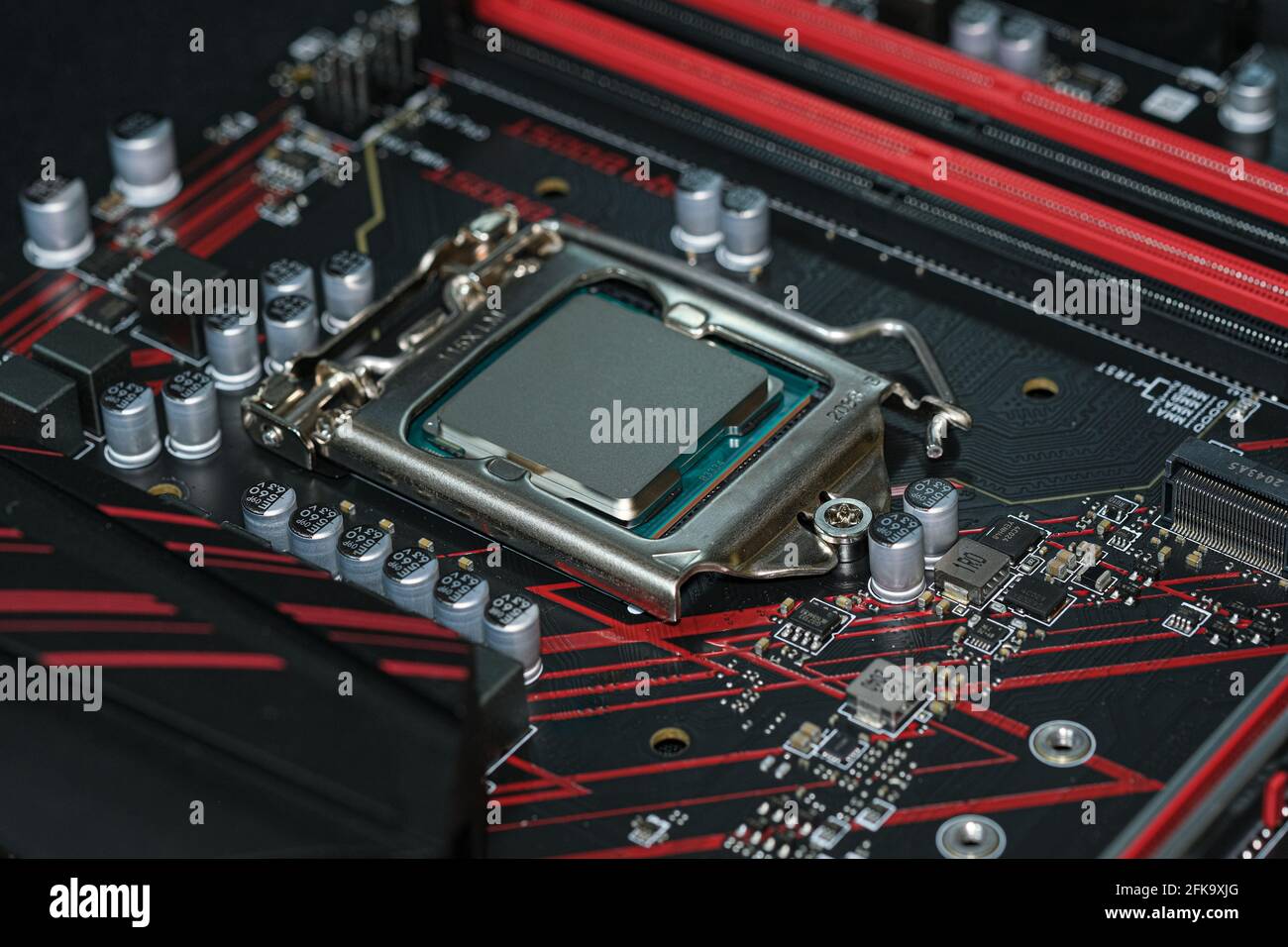 Desktop pc cpu installed on hi tech motherboard,computer components chip Stock Photo