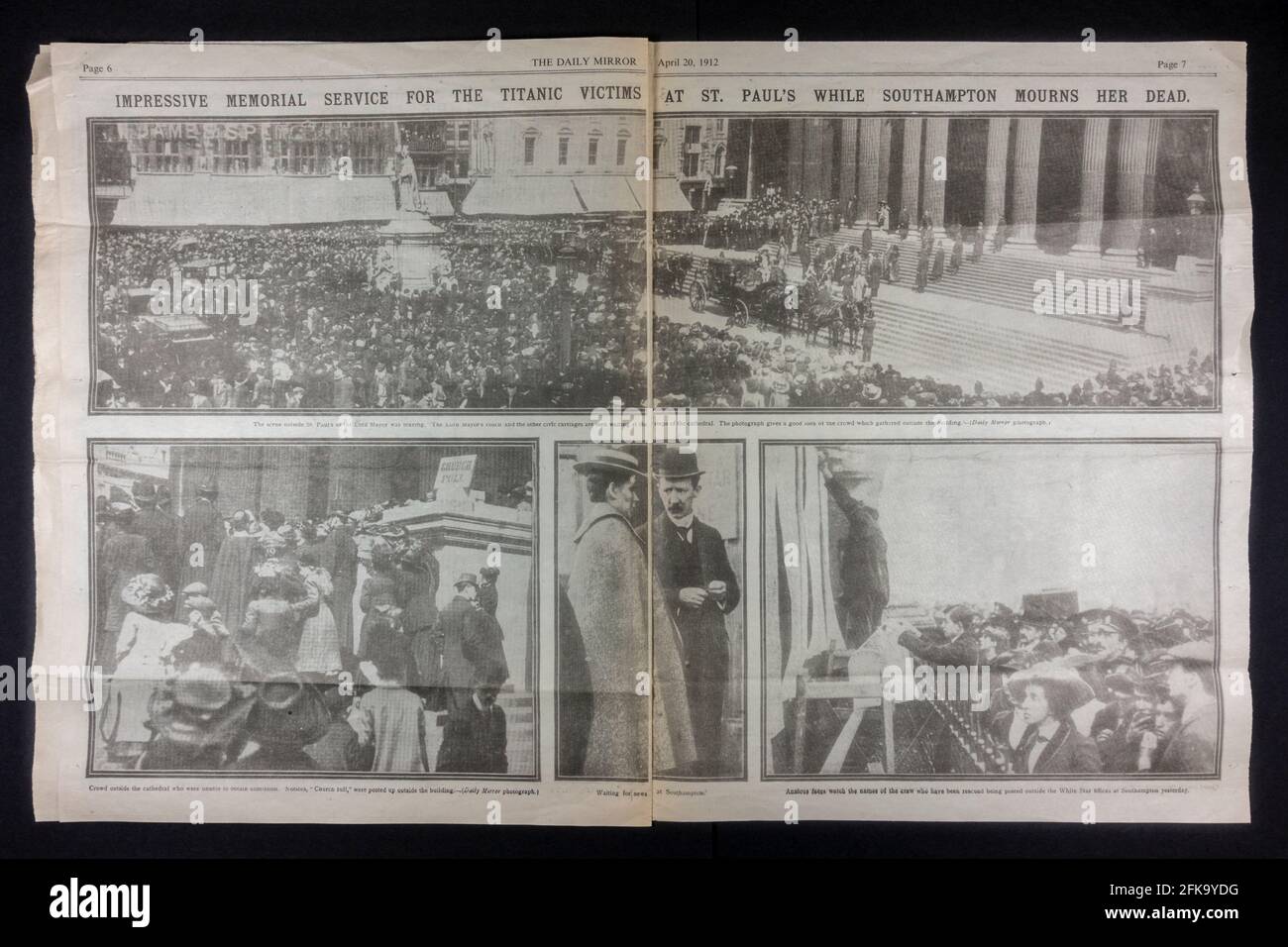 Photograph of memorial service at St Pauls Cathedral,The Daily Mirror (replica) newspaper from 20th Apr 1912 following the sinking of the RMS Titanic. Stock Photo