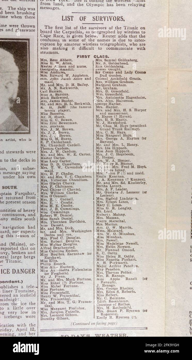 List of Titanic survivors (first class) inside The Daily Mirror (replica)  newspaper from 17th April 1912 following the sinking of the RMS Titanic  Stock Photo - Alamy
