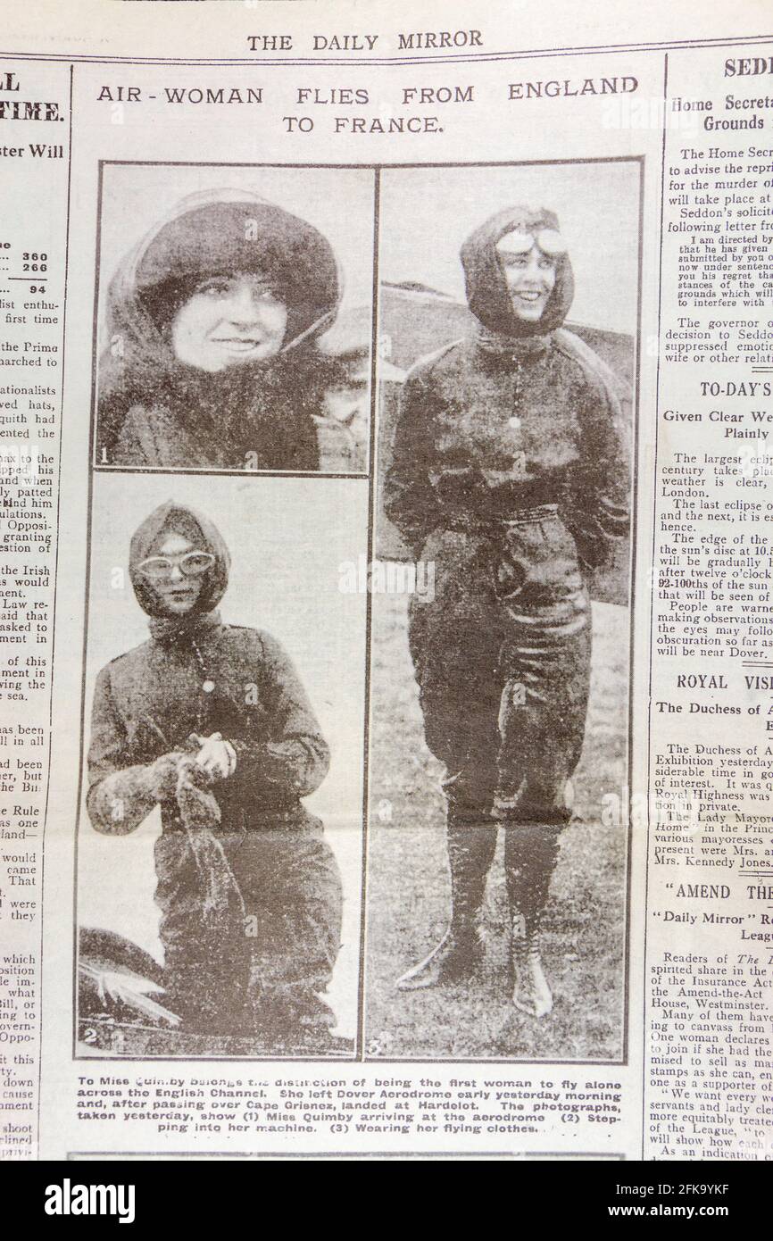 'Air Woman flies from England to France ' photos, The Daily Mirror (replica) newspaper,17 Apr '12 on same day sinking of the RMS Titanic announced. Stock Photo