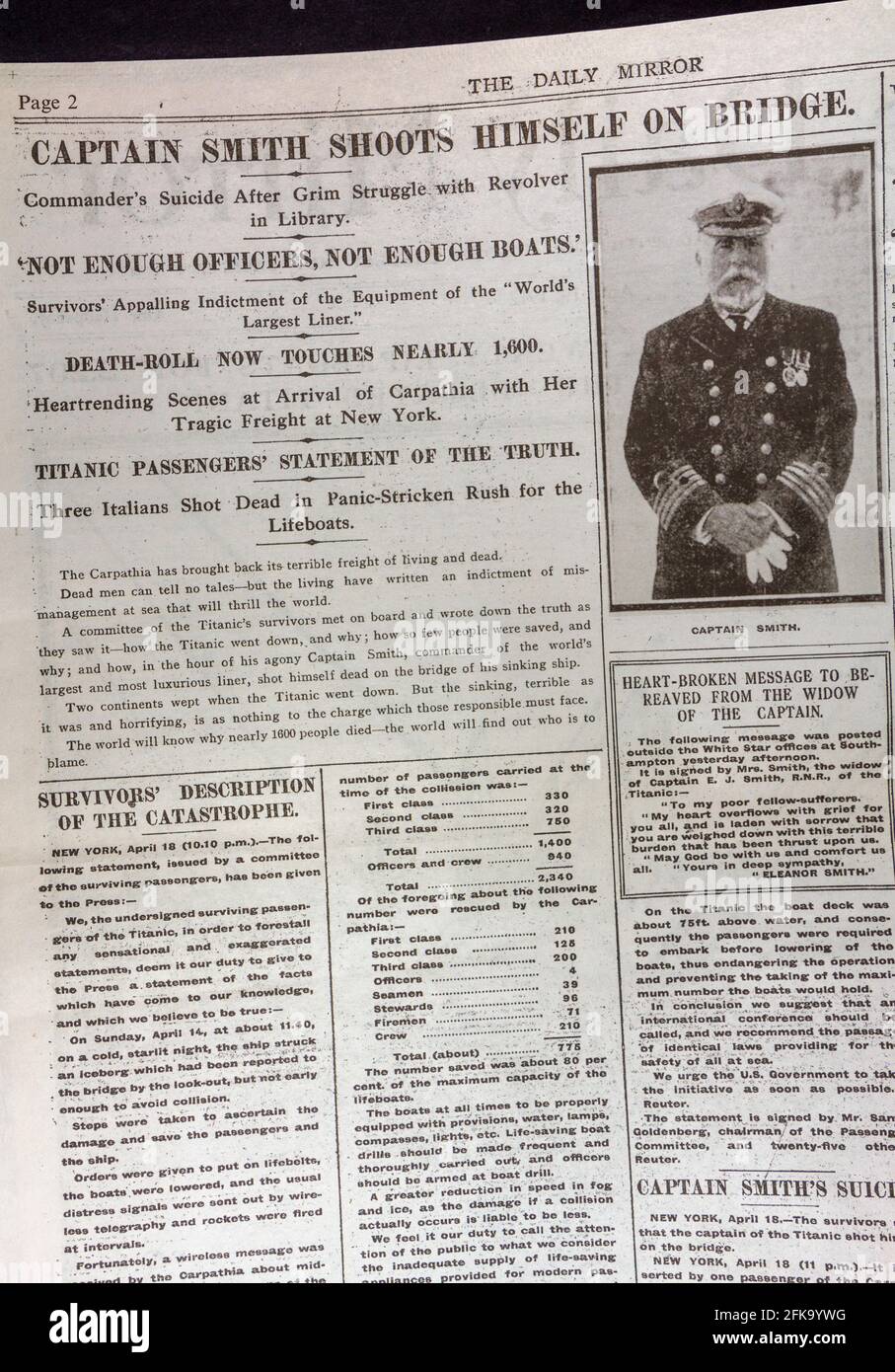 Headlines linked to Titanic disaster, The Daily Mirror (replica) newspaper from 19th April 1912 following the sinking of the RMS Titanic. Stock Photo