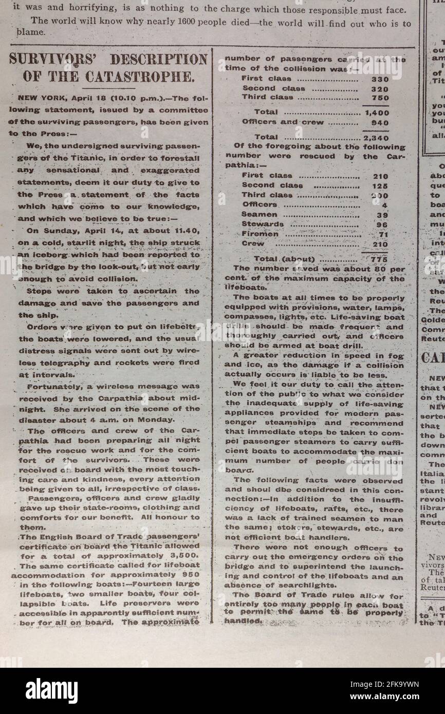 'Survivors' description of the catastrophe' article The Daily Mirror (replica) newspaper from 17th April 1912 following the sinking of the RMS Titanic Stock Photo