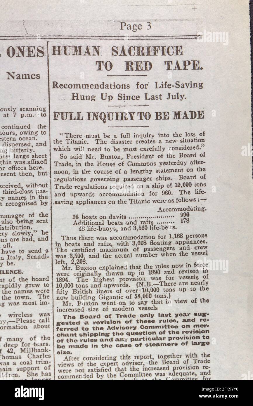 'Human sacrifice to red tape' headline about lack of lifeboats, The Daily Mirror (replica) paper, 19th Apr 1912 following the sinking of the Titanic. Stock Photo