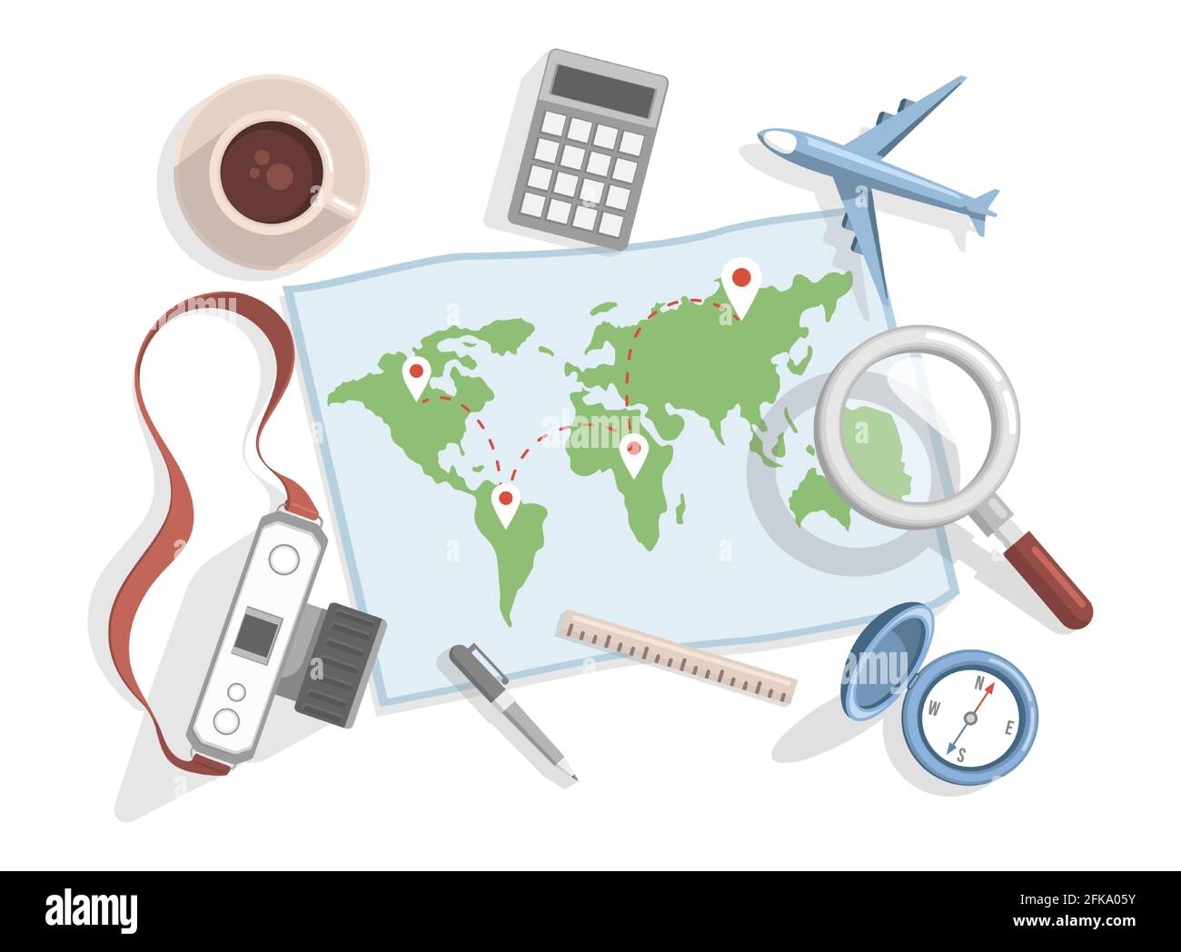 World map with location points vector flat illustration. Planning