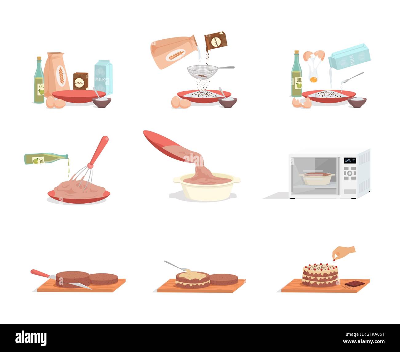 Preparation of sweet tasty birthday cake step by step vector flat illustration isolated on white