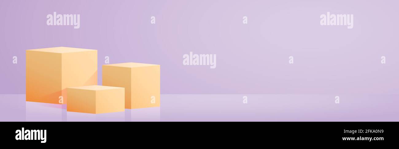 Realistic yellow cubes - boxes on blue studio background - Vector illustration Stock Vector