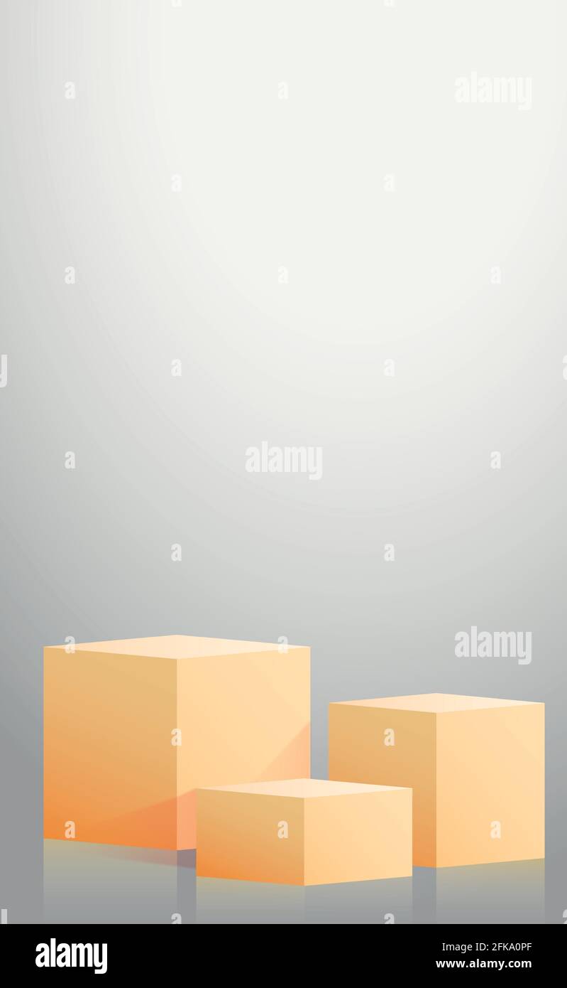 Realistic yellow cubes - boxes on gray studio background - Vector illustration Stock Vector