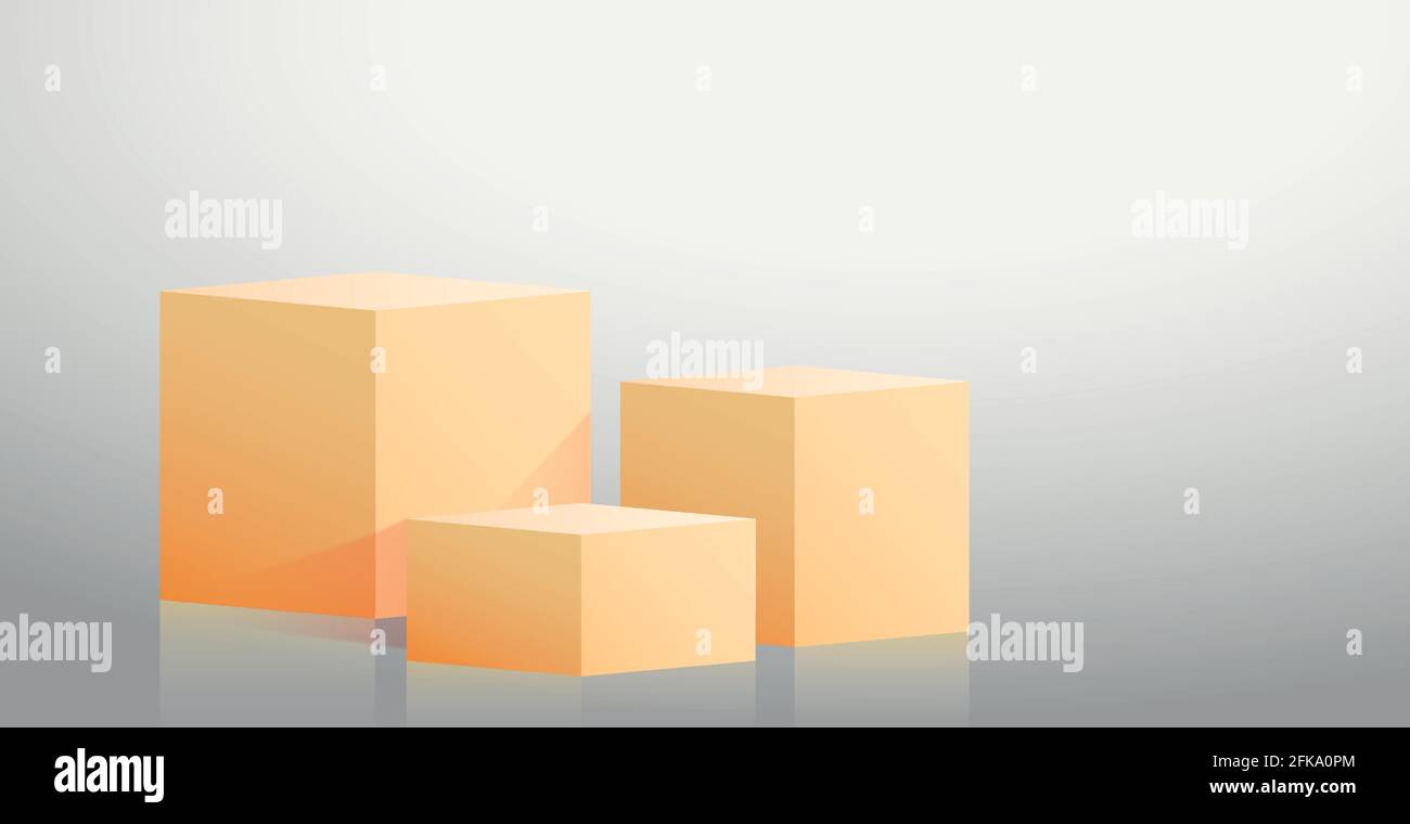 Realistic yellow cubes - boxes on gray studio background - Vector illustration Stock Vector