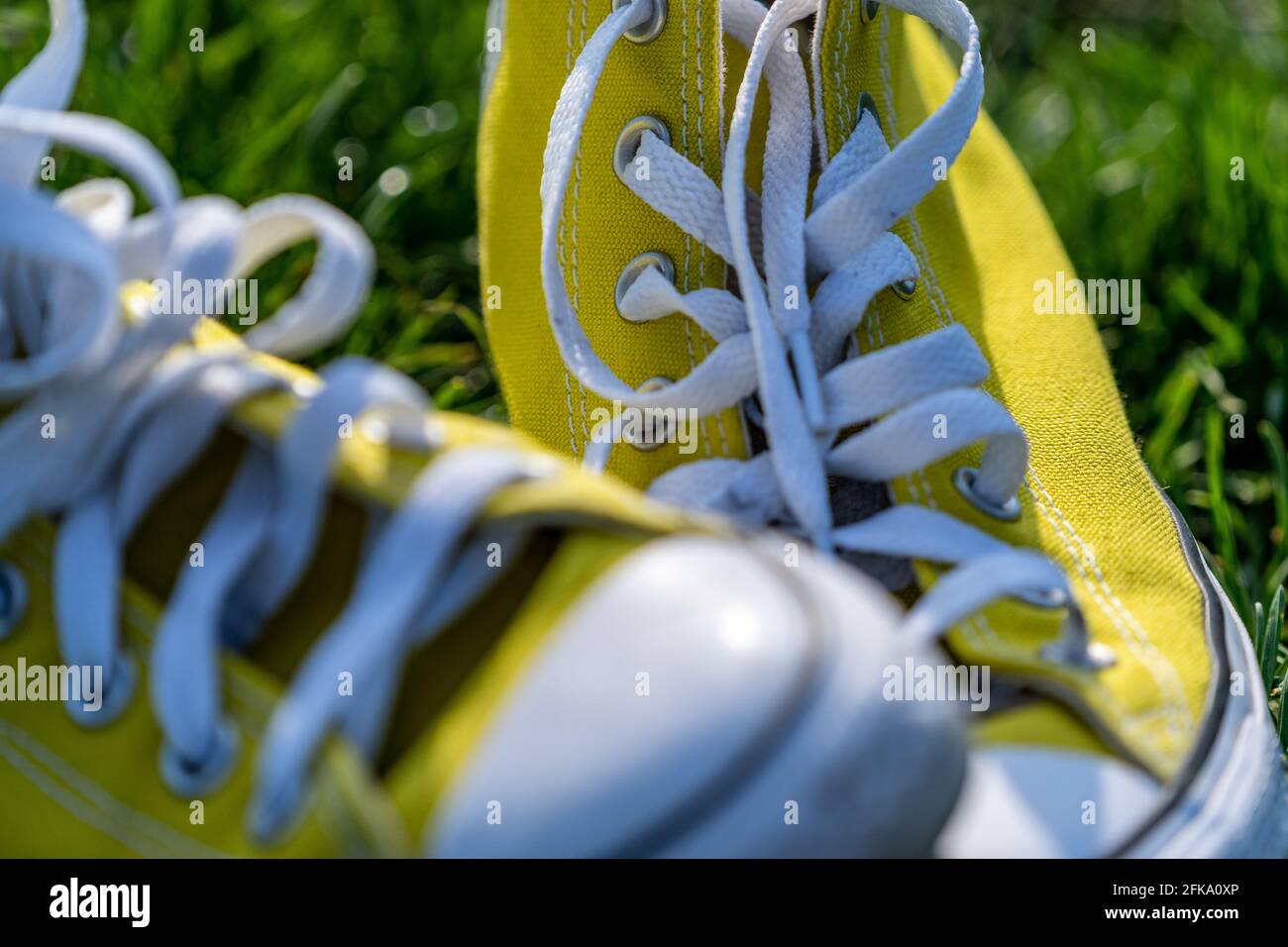 Yellow Chuck Taylor Converse All-Star sneakers on green grass in spring Stock Photo