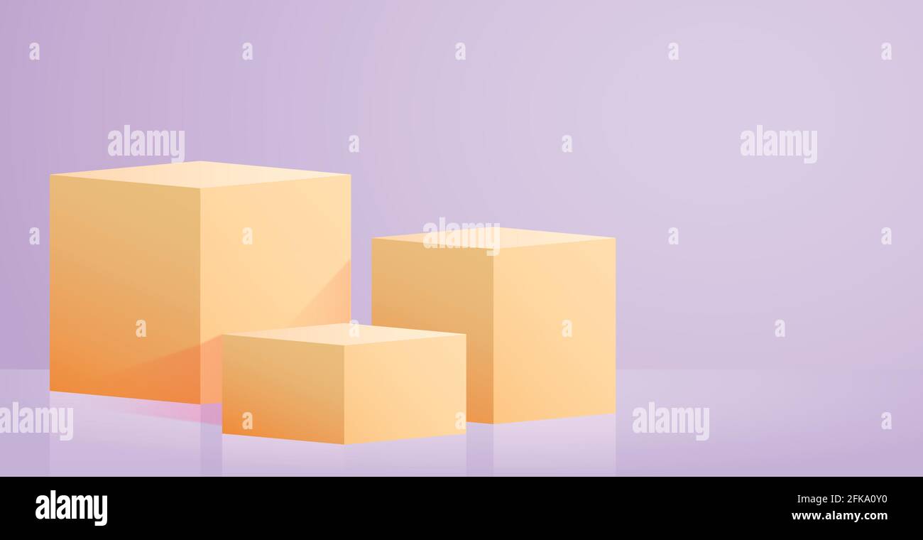 Realistic yellow cubes - boxes on blue studio background - Vector illustration Stock Vector