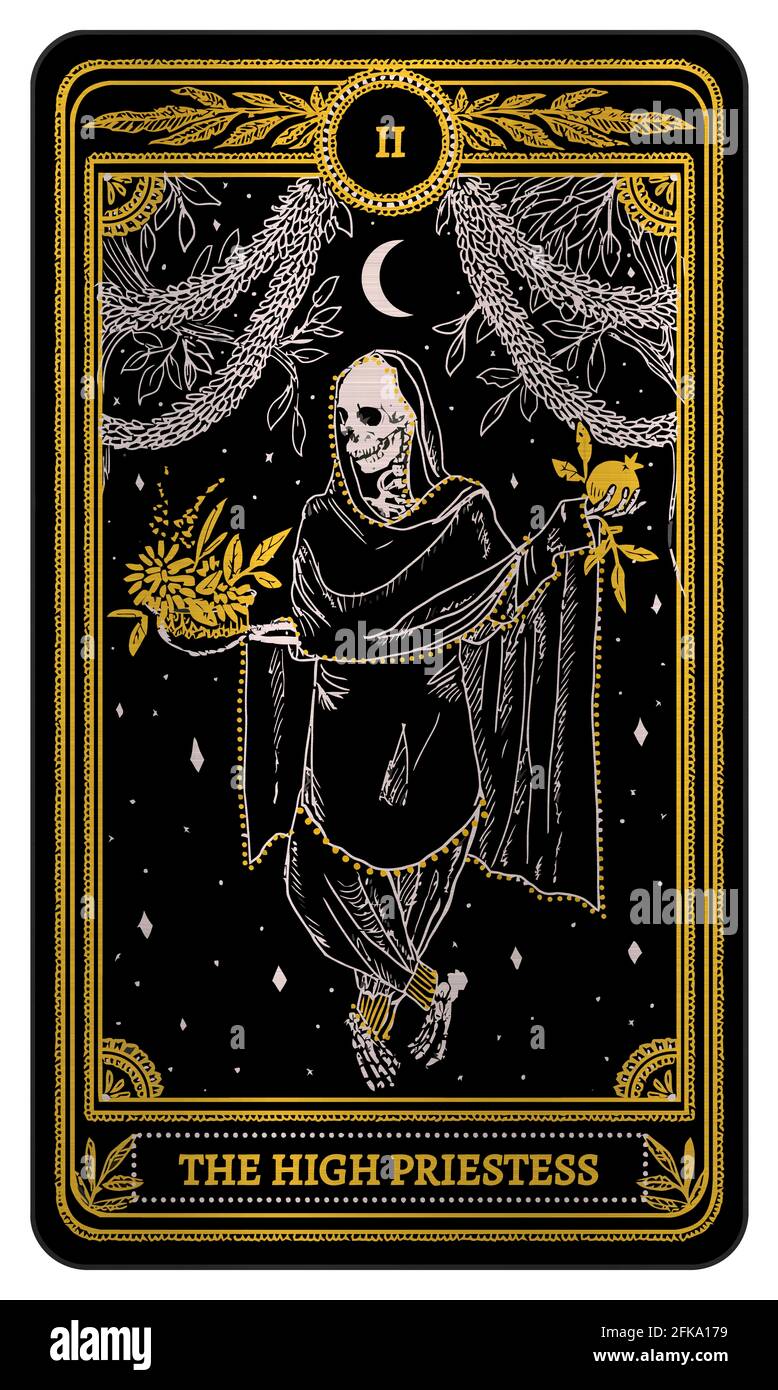 tarot high priestess black metallic golden card illustration Stock Photo