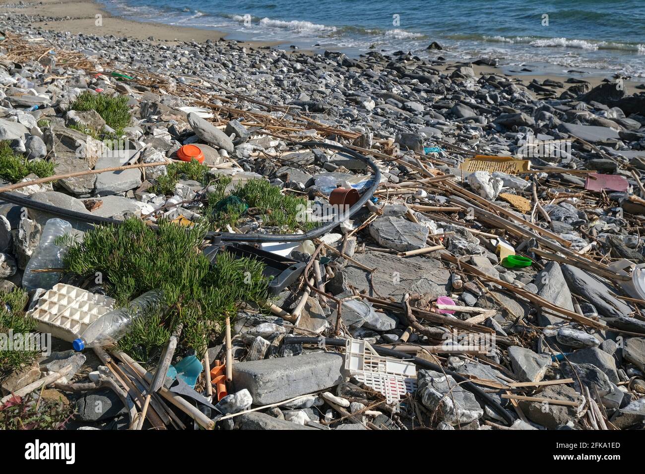 Marine sea ecosystem contaminated with plastic debris pollution,environmental waste  Stock Photo