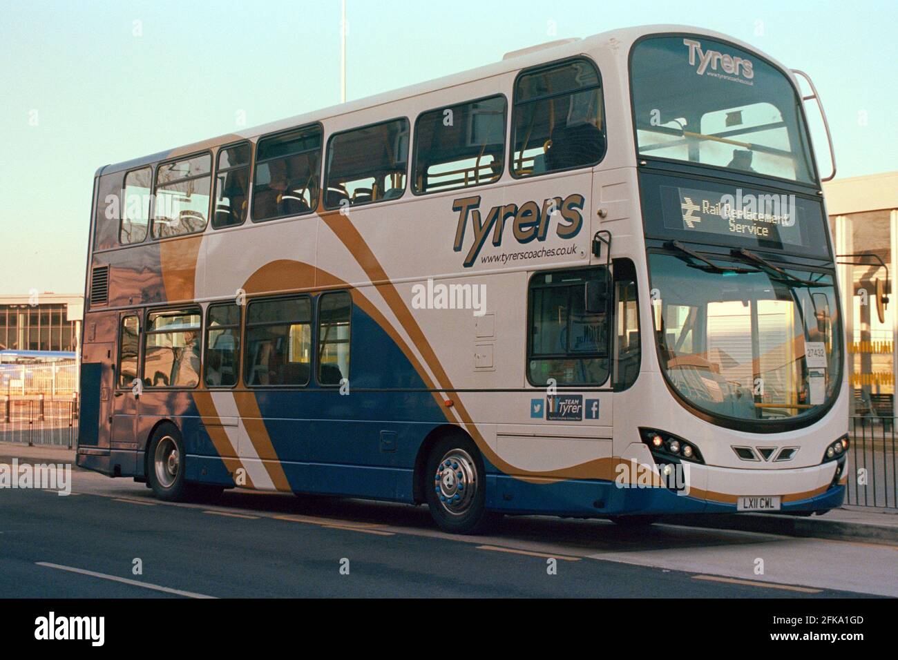 Bolton, UK - February 2021: A double decker bus operated by Tyrers at Bolton railway station for rail replacement service. Stock Photo