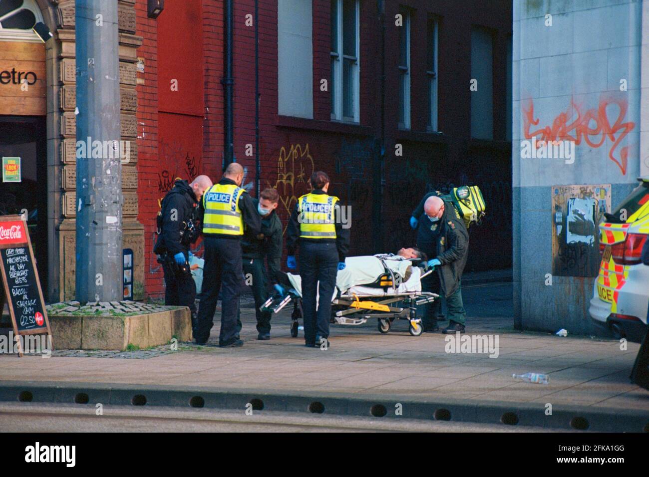 Manchester, UK - 29 December 2020: Emergency service on the High Street. Stock Photo