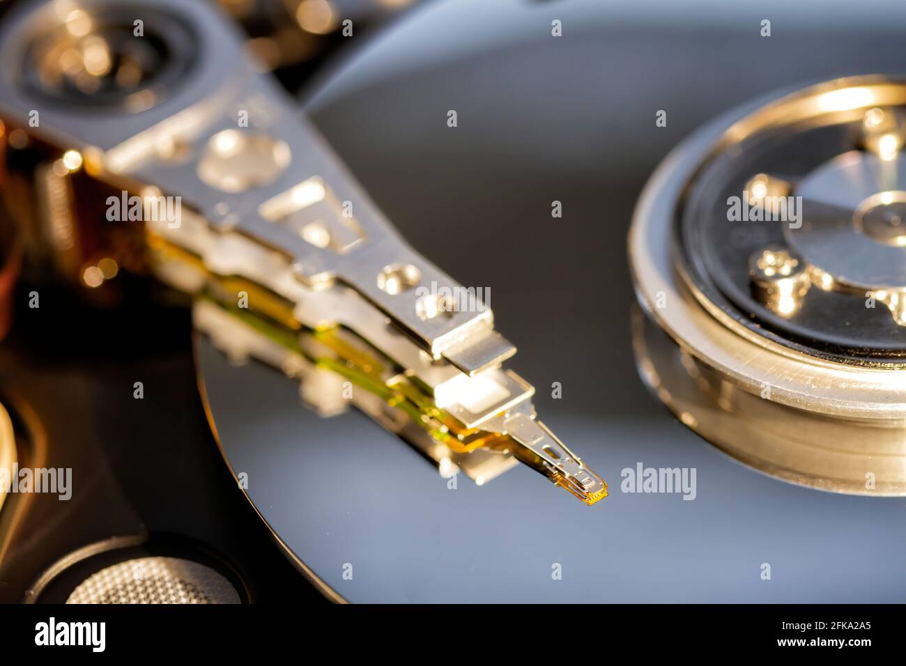 detail of the read and write head of a PC hard disk, selective focus, computer HD reader close up, macro horizontal Stock Photo
