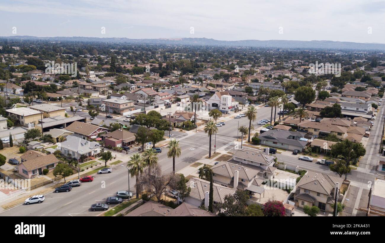 Aerial view of the downtown area of Azusa, California, USA. Stock Photo