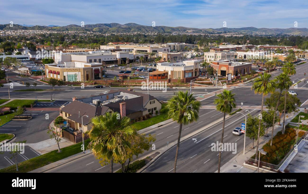 Sunset aerial view of downtown Yorba Linda, California, USA. Stock Photo