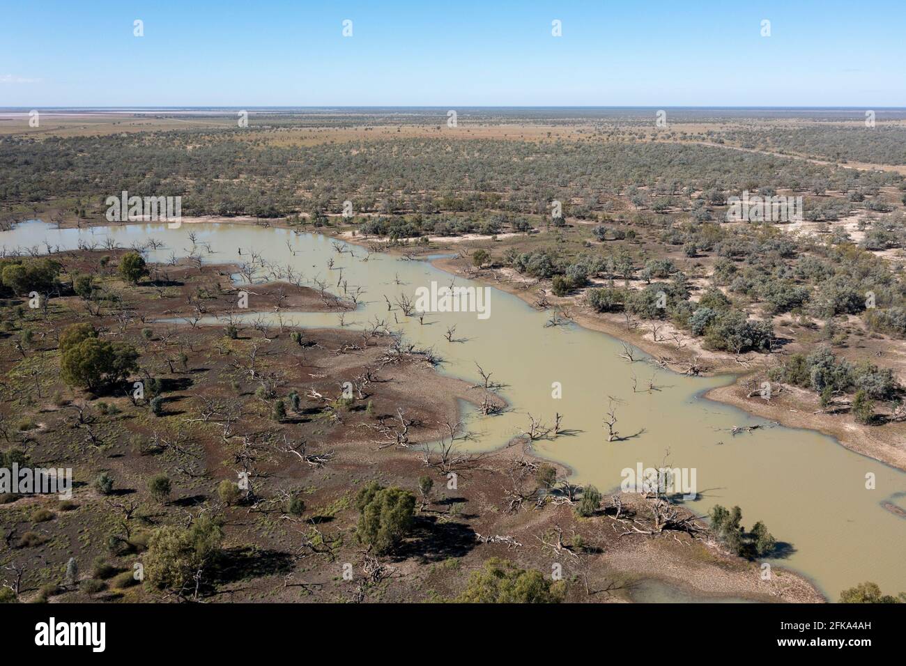 The flooding Darling river creating lagoons in the far outback of New